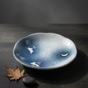 Japanese "Tsukimi" Moon & Rabbit Indigo Plate with Mist Gradient 【月見之夜】藍染噴墨・賞月小皿 / 飾品盤