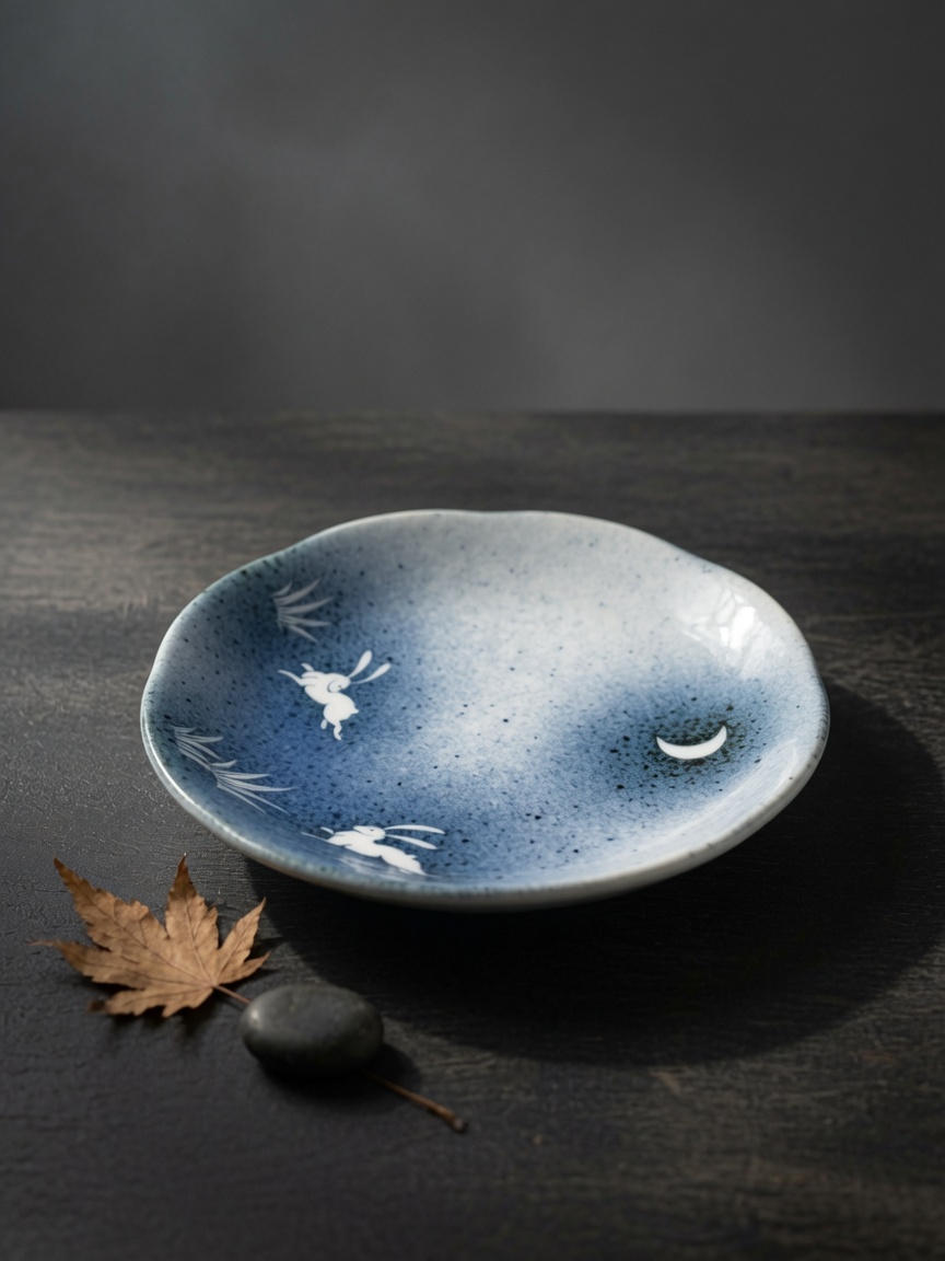 Japanese "Tsukimi" Moon & Rabbit Indigo Plate with Mist Gradient 【月見之夜】藍染噴墨・賞月小皿 / 飾品盤