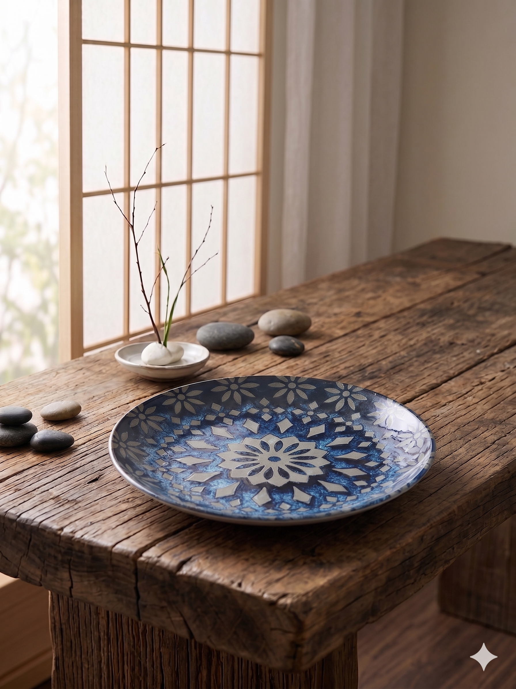 Japanese Indigo Kaleidoscope "Mishima" Pattern Plate 【藍染萬花筒】三島手風格・幾何印花盤 / 飾品盤 - Image 3