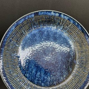 Japanese "Midnight Ocean" Blue Plate with Rain Pattern & Textured Rim 【深藍之境】藍染雨點・撥水十草紋深皿 / 主菜盤